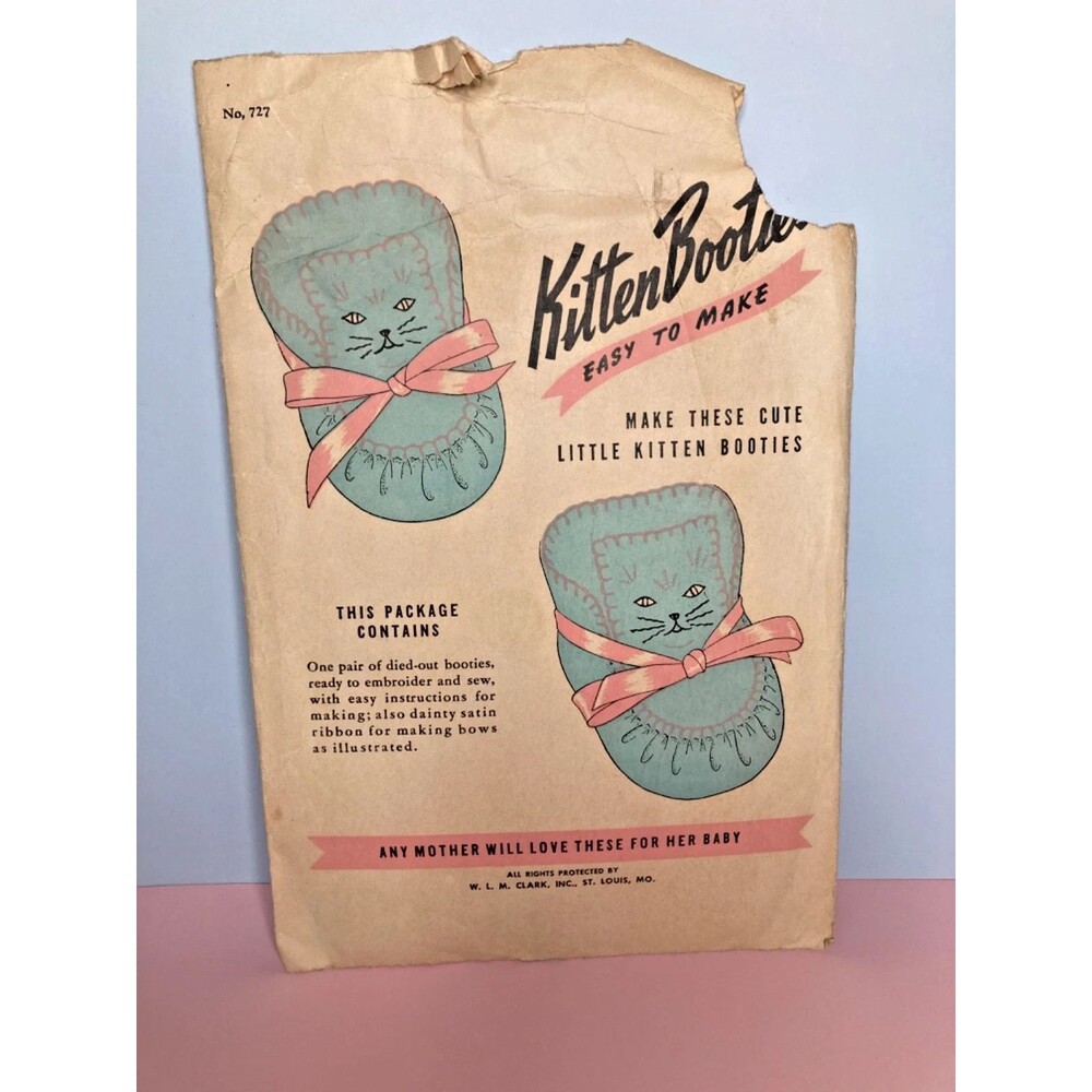 1940s Vintage Flannel Kitten Booties Pattern Kit #727 By W.L.M. Clark